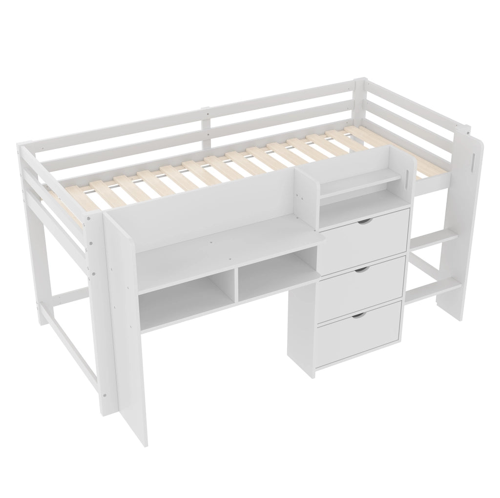 Letto a soppalco per bambini 90x200 cm in pino bianco con contenitori