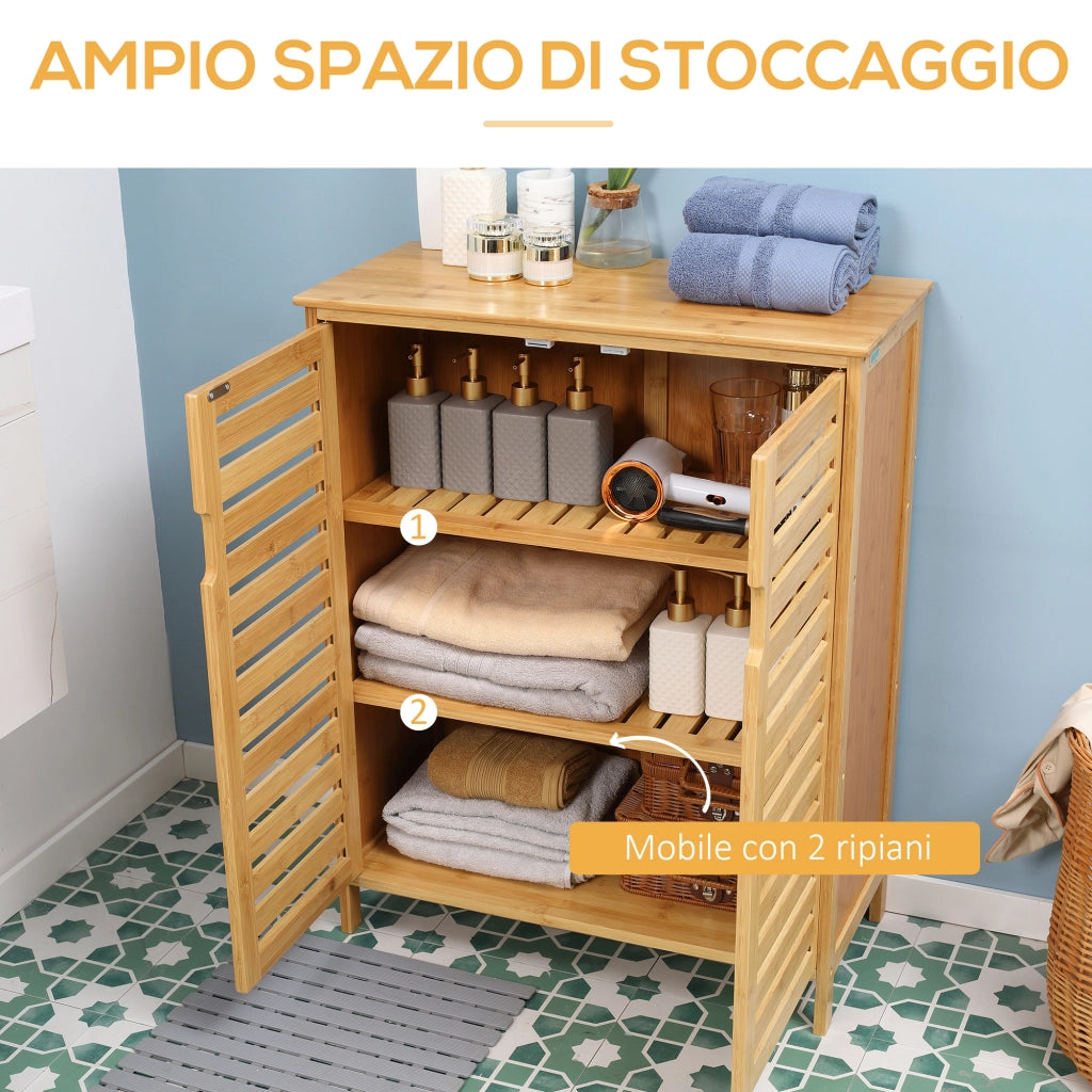 EasyComfort Mobile Bagno Moderno a 2 Ante con 2 Ripiani Ventilati in Bambù, 68x32x86 cm, color Legno