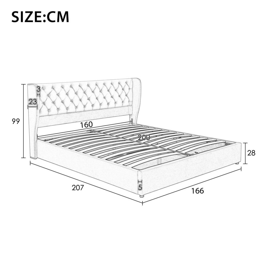 Letto contenitore imbottito Chesterfield 160x200 in velluto beige con rete a doghe