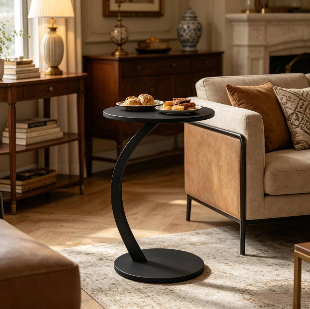 Tavolino laterale rotondo a C in MDF E1 e metallo, 40x64,5 cm, colore nero