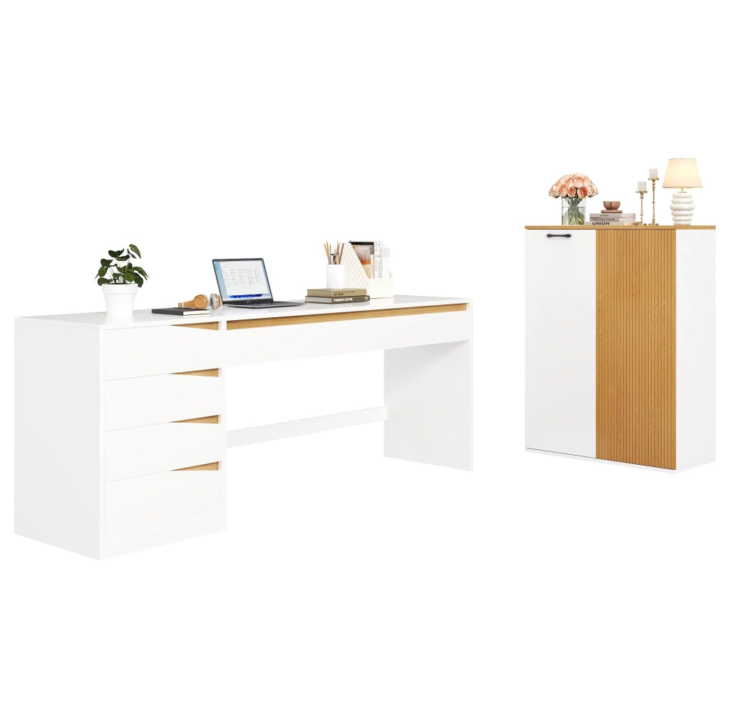 Set ufficio ULEVR con scrivania regolabile 140x50 cm e armadio archivio 80x40x110 cm, bianco e rovere
