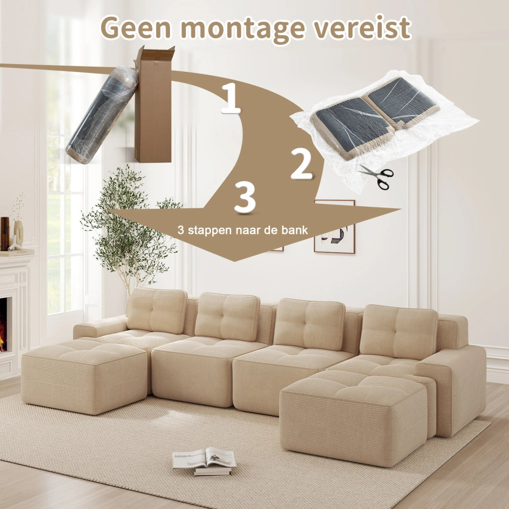 Divano modulare Cloud 3 posti in velluto a coste beige, modulare con ottomana, senza montaggio