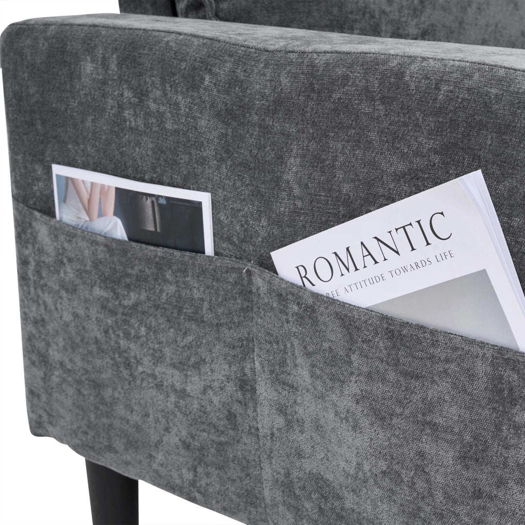 Divano angolare 3 posti con porte USB e Tipo-C, portabicchieri, tasche laterali e pouf in lino grigio