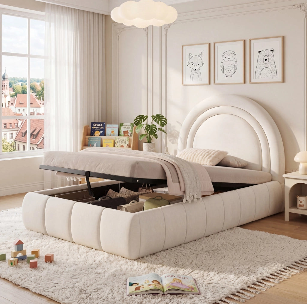 LETTO Contenitore per bambini 90x200 cm in velluto beige con rete a doghe