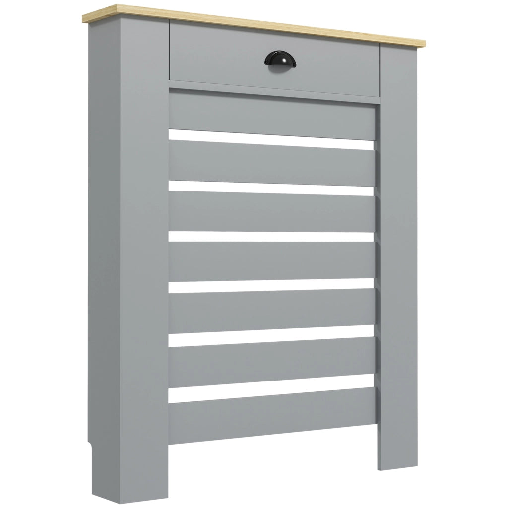 Copritermosifone in MDF a Doghe, Copricalorifero a Griglia con Cassetto, 78x19x95.5 cm, Grigio