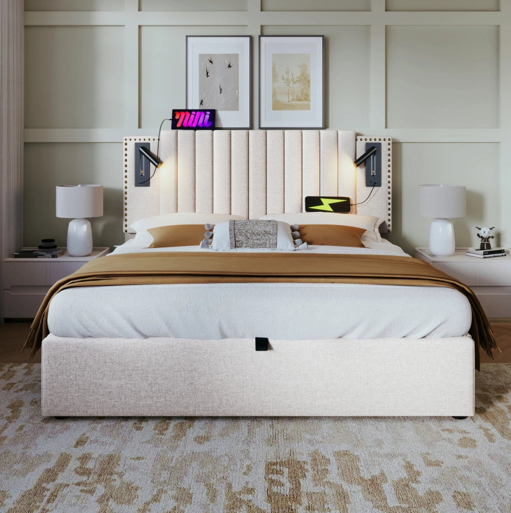 Letto matrimoniale imbottito beige 180x200 cm con contenitore, luce da lettura USB e struttura in cotone