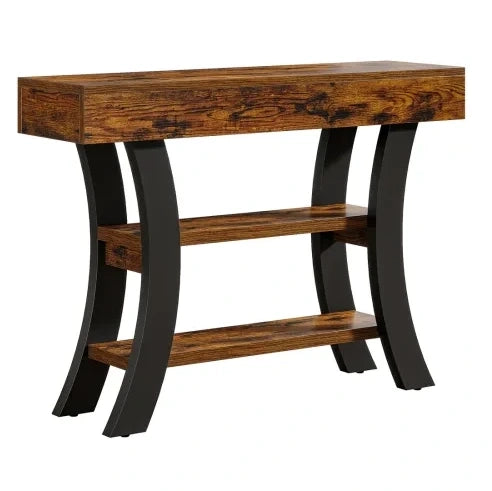 Tavolo consolle 105x30x80 cm con 3 ripiani in MDF e metallo nero e marrone rustico