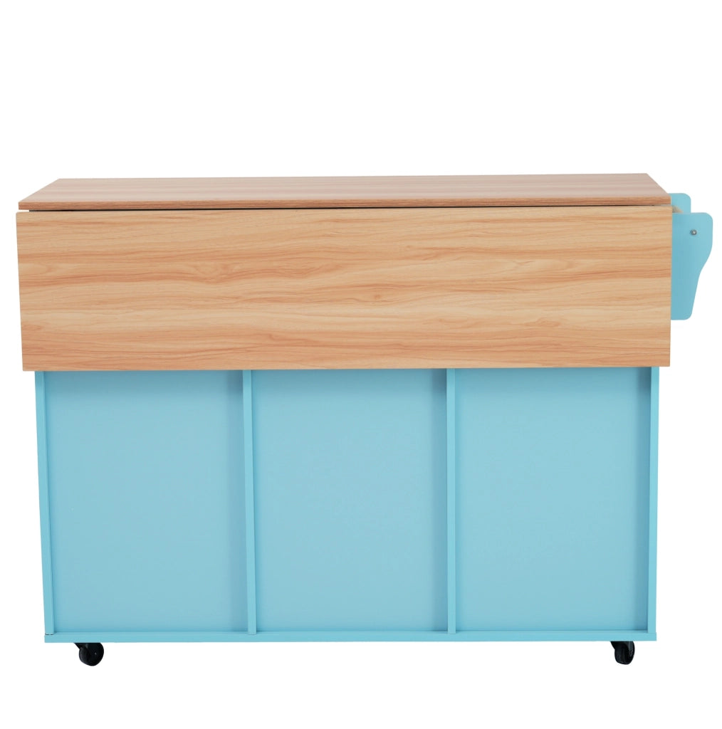 Carrello da cucina con cassetti; piano pieghevole e ruote; MDF blu chiaro; 129 x 71 x 91;5 cm