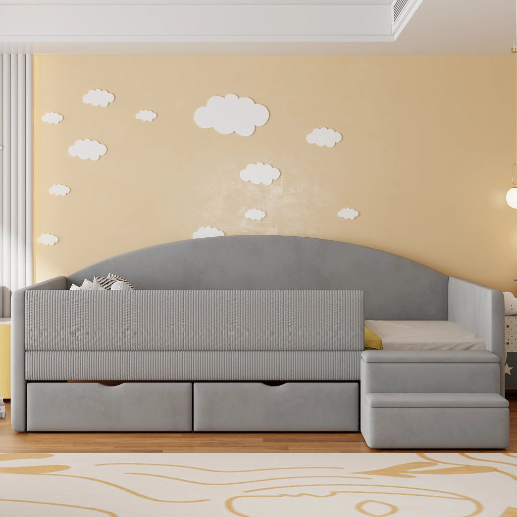 Letto per bambini 90 × 190 cm con 2 cassetti; barriere e gradini; senza materasso; imbottito grigio chiaro