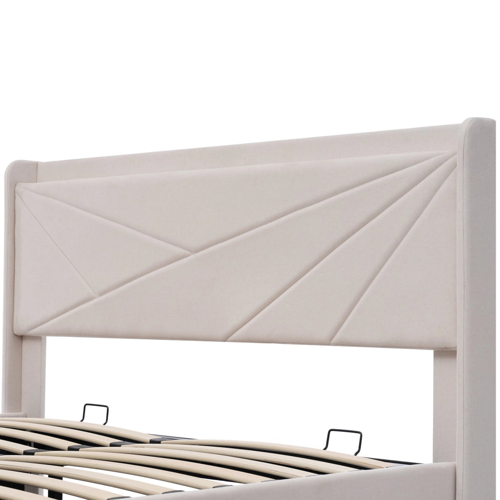 Letto matrimoniale contenitore 140x200 cm con USB e Type-C; testiera in cotone lino beige