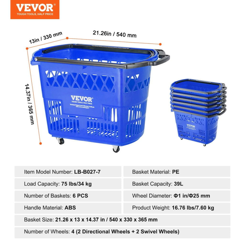 Set 6 Cestini Spesa con Ruote e Manico in Plastica PE Blu 39 L Carrello Portatile per Negozi e Supermercati LB-B027-7