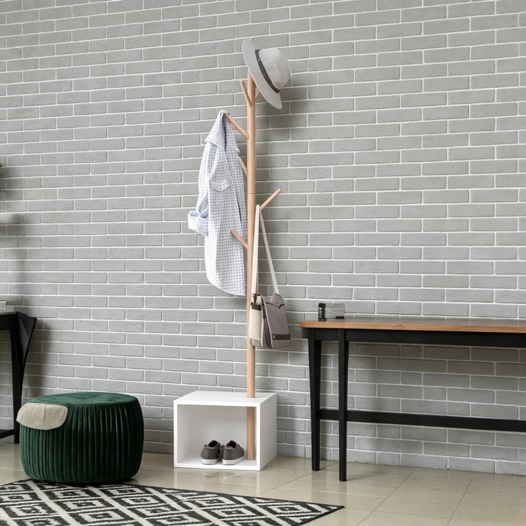 Mobile da ingresso appendiabiti con 6 ganci e vano contenitore, bianco e bambù, in MDF e legno, 40 × 30 × 180 cm