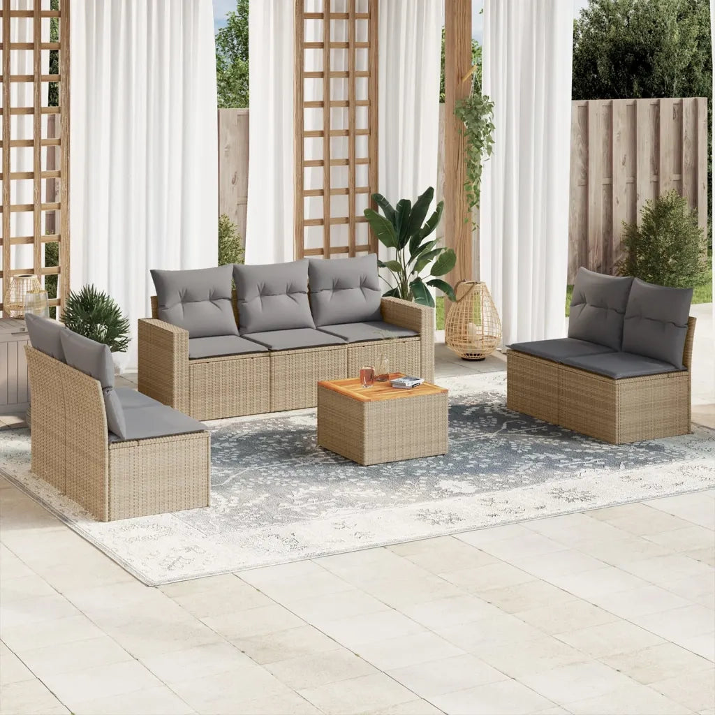 Set Divano da Giardino 8 pz con Cuscini Beige in Polyrattan