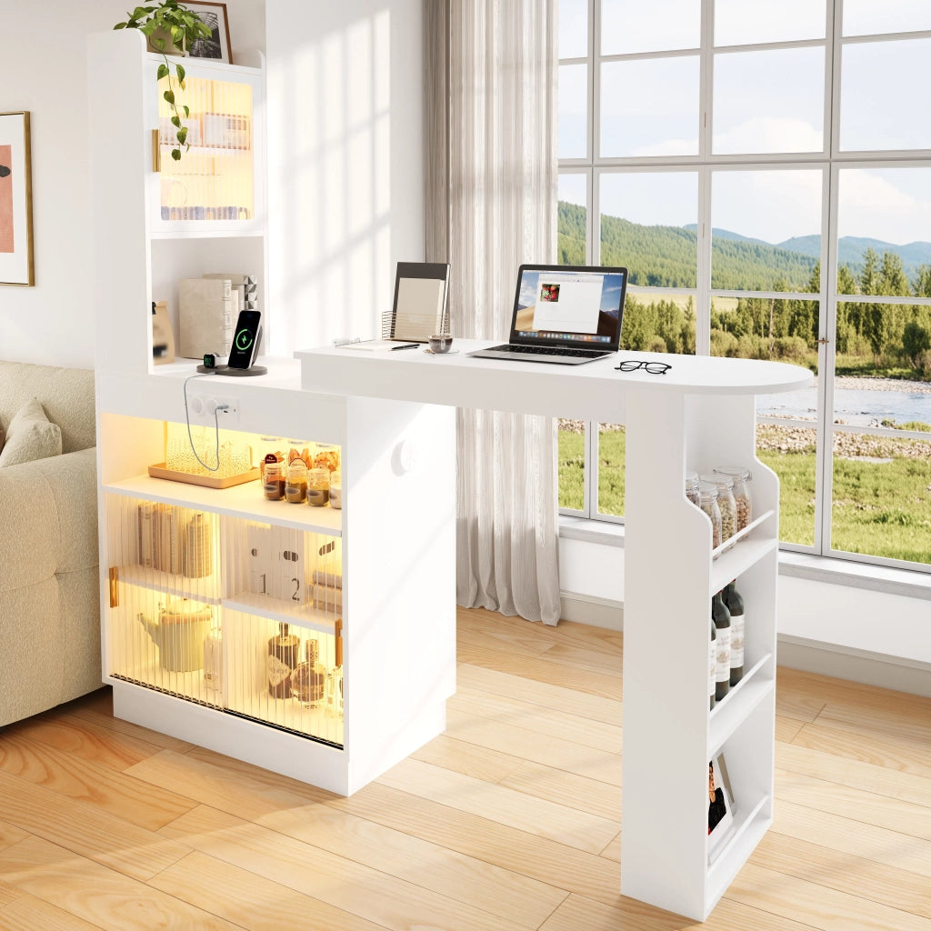 Bar allungabile e tavolo alto con contenitore, credenza e mobile da cucina con ante in vetro, illuminazione LED controllata via app, presa, USB e USB-C, bianco, 131–170 × 40 × 170 cm