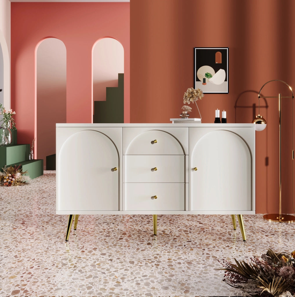 Credenza con 2 ante; 3 cassetti e ripiano regolabile; 140 x 40 x 84 cm; crema