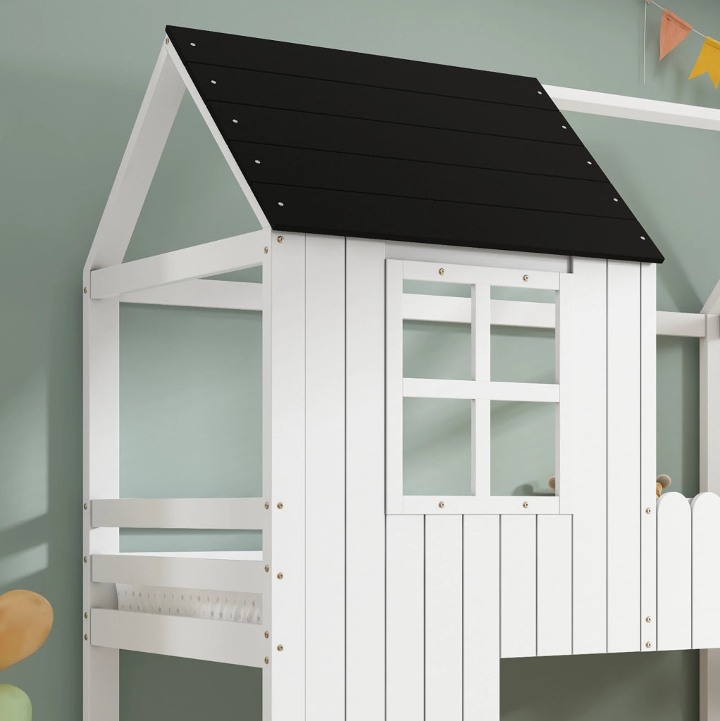 Letto a soppalco per bambini con forma casa e scala a 3 gradini