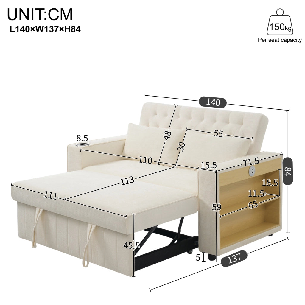 Divano letto 2 posti in ciniglia beige con schienale regolabile, USB, portabevande e 2 cuscini