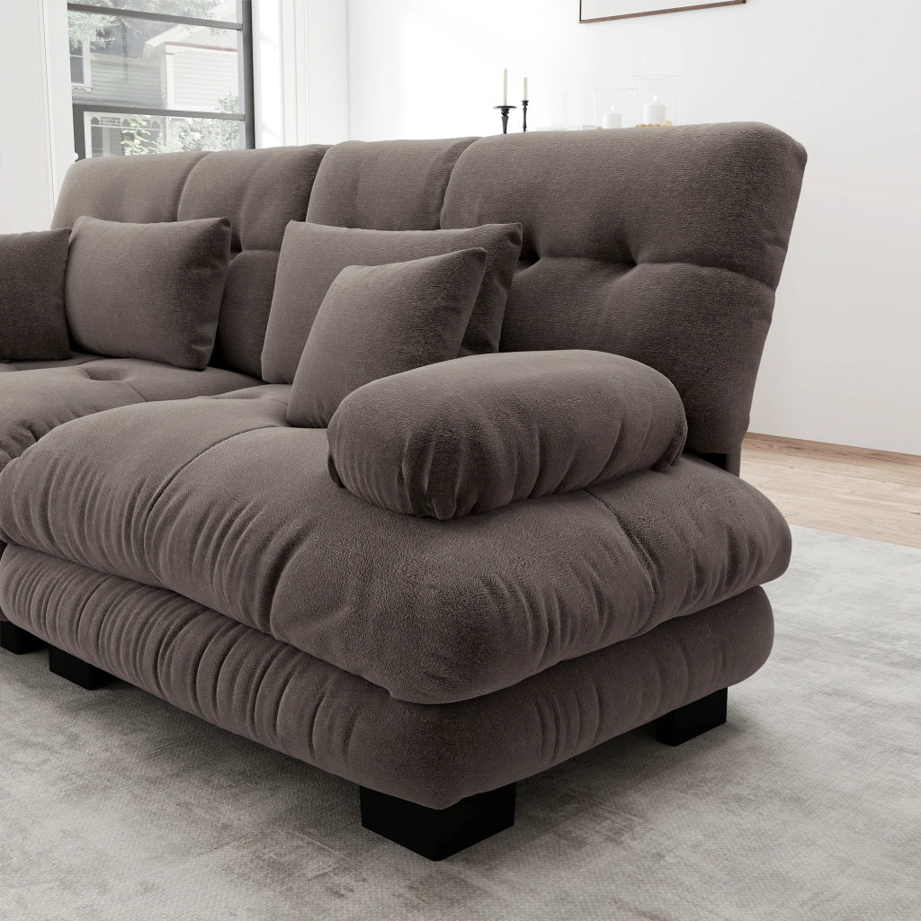 Divano modulare in chenille marrone con ottomani mobili e seduta profonda