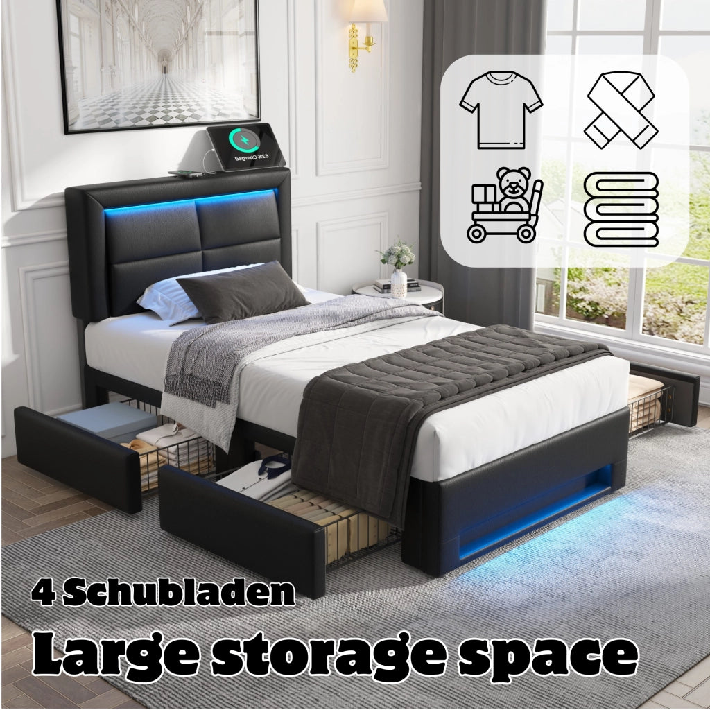 Letto singolo imbottito 90 × 200 cm con 4 cassetti, USB, ricarica senza fili e LED, senza materasso, nero