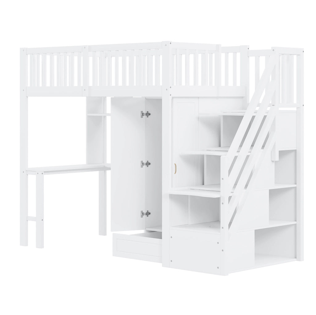 Letto a soppalco 90x200 cm con armadio, scrivania e scaffale in bianco