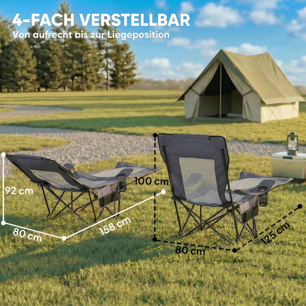 Set 2 Sedie da Campeggio Pieghevoli Grigio Scuro con Schienale Regolabile Poggiapiedi Portabicchieri e Poggiatesta per Giardino Pesca
