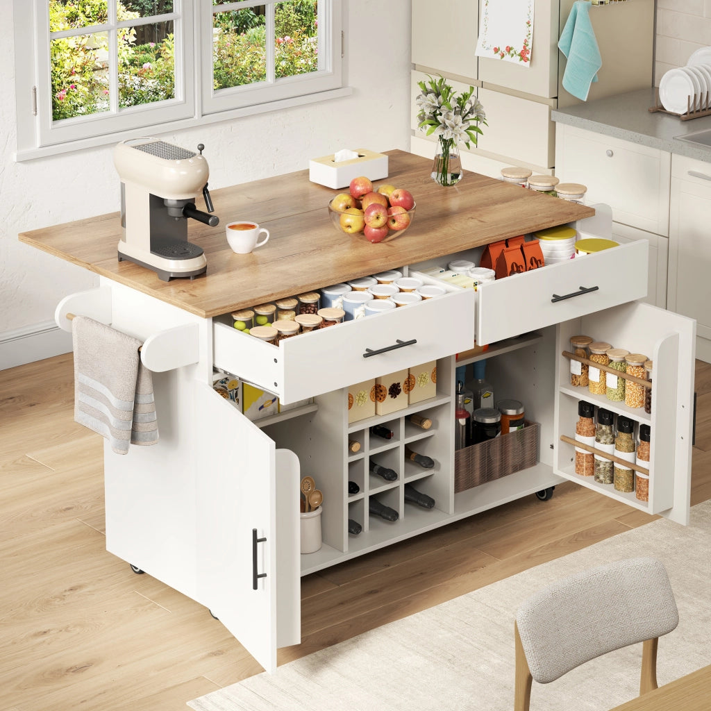 Mobile base da cucina con piano pieghevole; ruote; 2 cassetti e portabottiglie bianco 120 × 45 × 84 cm