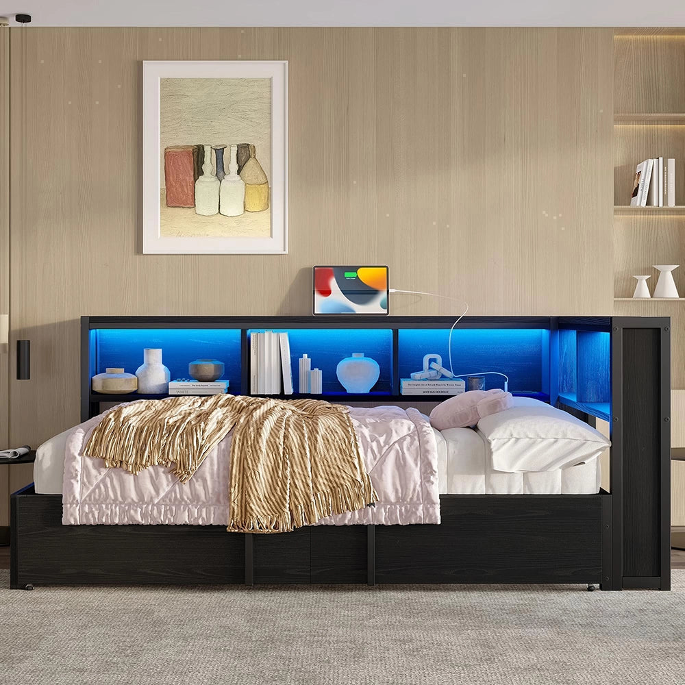 Letto giorno metallico 90x200cm?- Xylo - contenitore LED USB nero