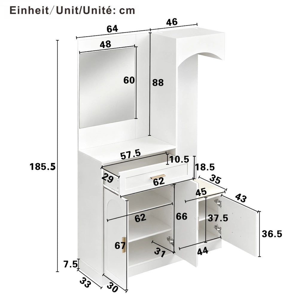 Guardaroba compatto bianco con appendiabiti, scarpiera, specchio e panca, 110x33x185,5 cm