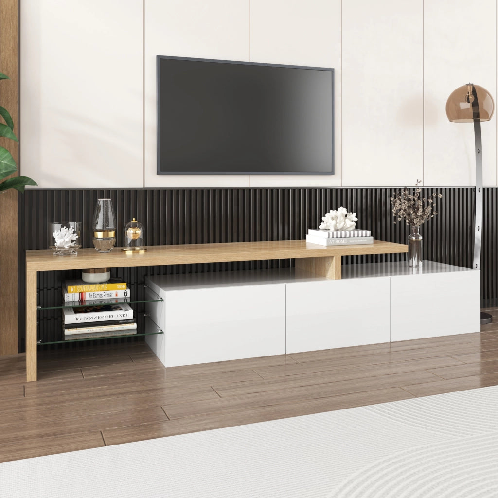 Mobile TV LED con 3 vani chiusi e ripiani in vetro, luce a 7 colori, da soggiorno, MDF bianco naturale, 197.5 × 39 × 42 cm