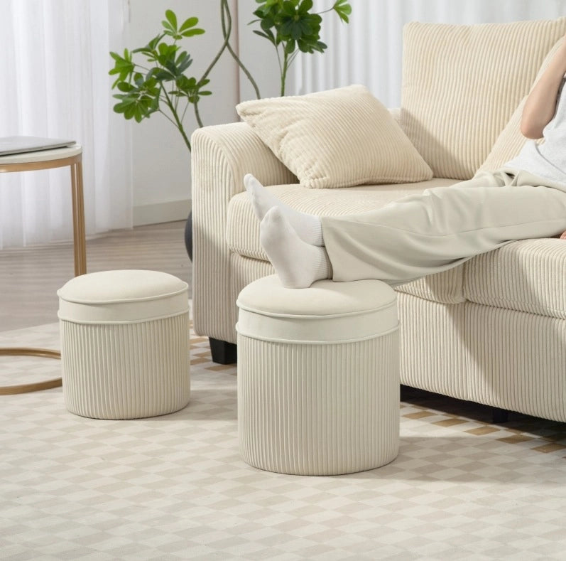 Set di 2 Pouf con Contenitore, Pouf Tondo in Velluto Crema 36x36x41,5 cm