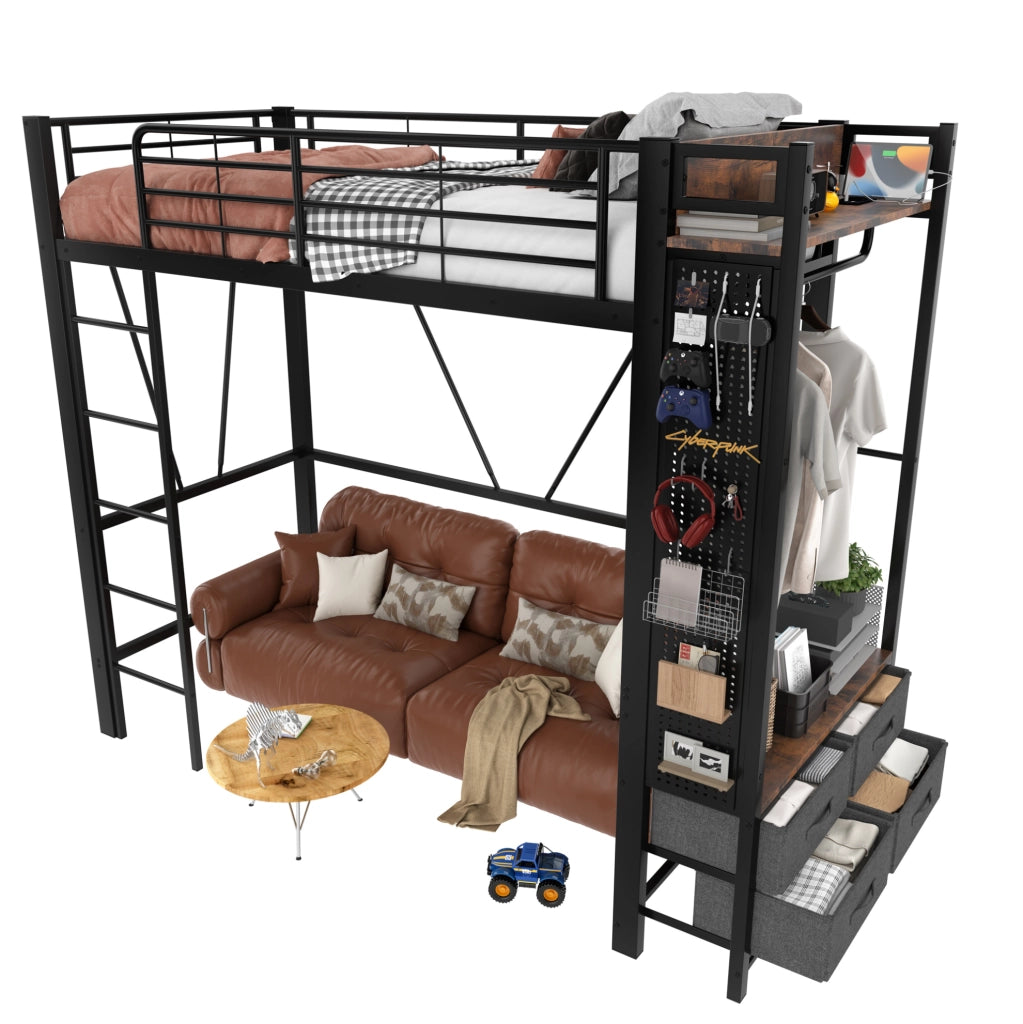 Letto a soppalco 90x200 cm con 4 cassetti; LED e USB Type-C in metallo e MDF