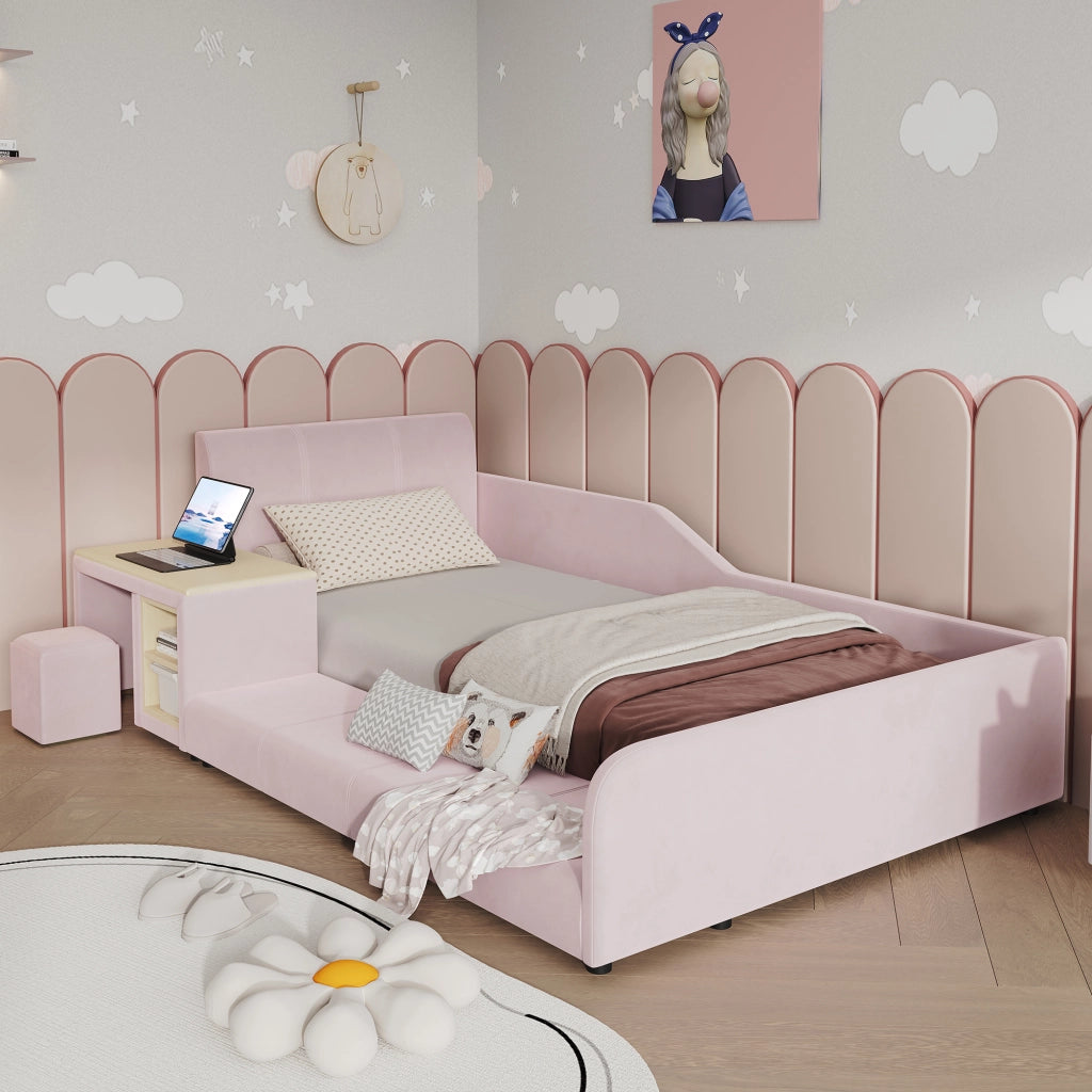 Letto singolo 90 × 200 cm con scrivania sgabello e ripiano testiera imbottita in velluto rosa con rete a doghe
