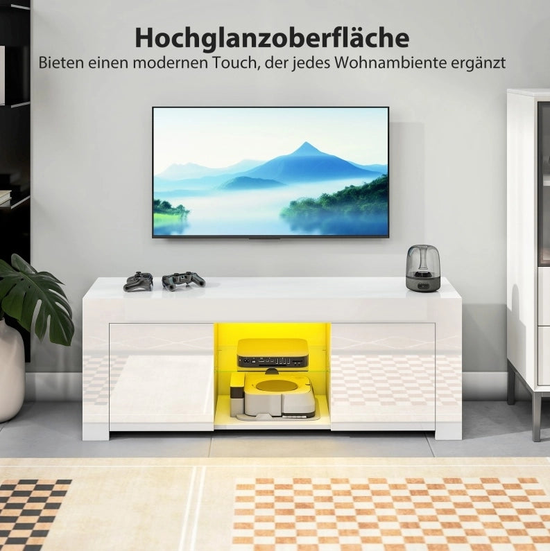 Mobile TV con LED RGB, ripiani in vetro, bianco lucido