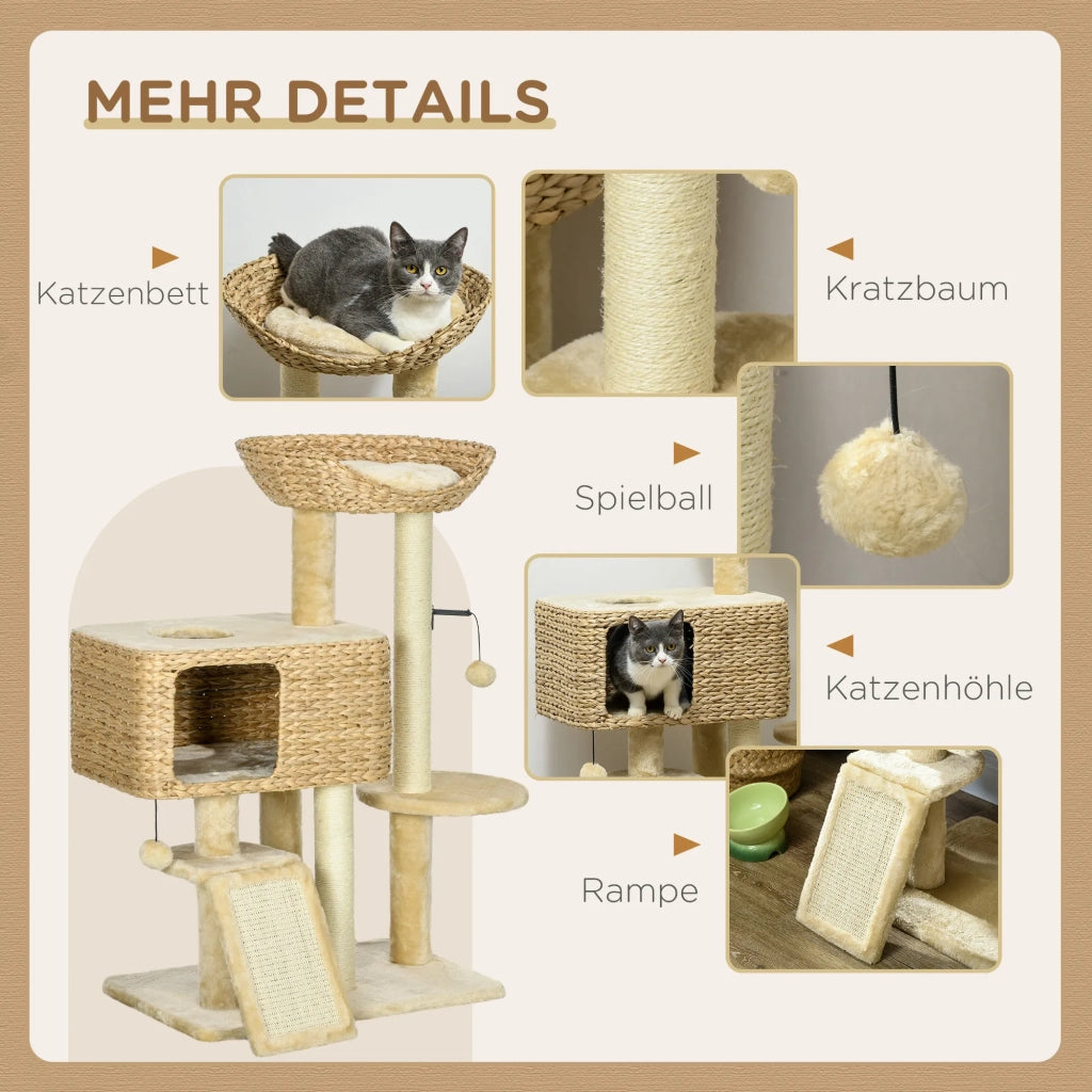 Albero tiragraffi per gatti 98 cm, sisal, beige, con 2 piattaforme e palla giocattolo, per gatti fino a 6 kg