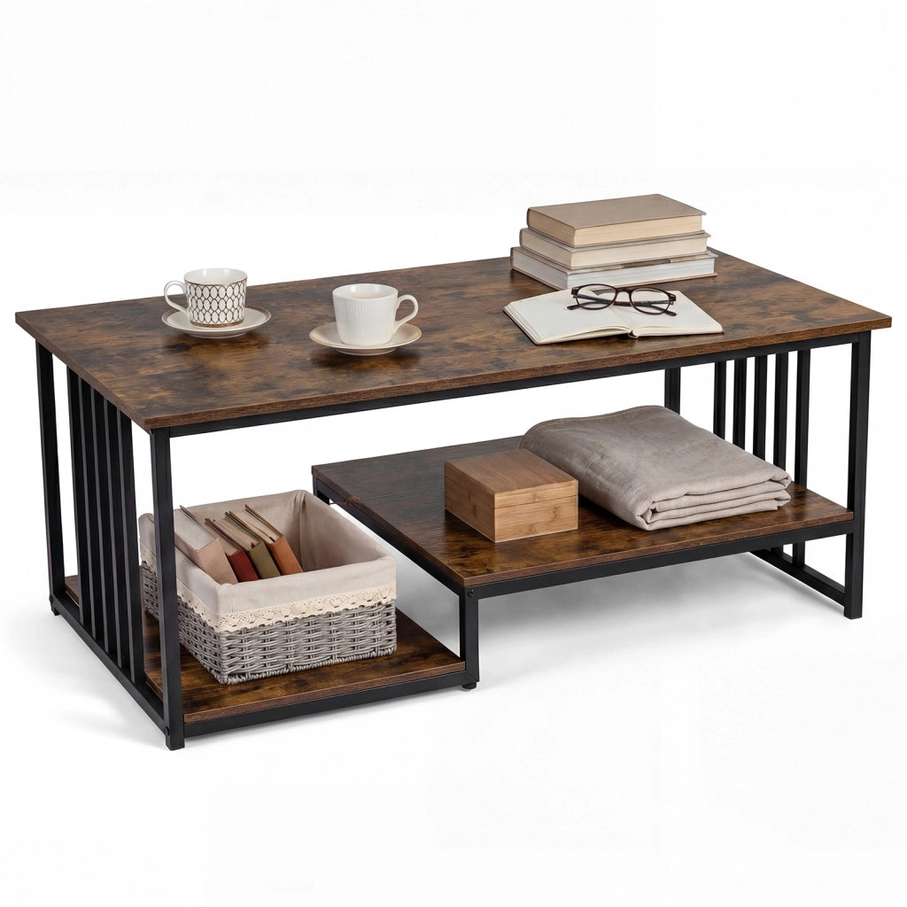 Tavolino da caff¨¨ rettangolare con 2 ripiani portaoggetti e struttura metallica resistente, Tavolo moderno per soggiorno e lounge 110x60x45 cm Marrone rustico