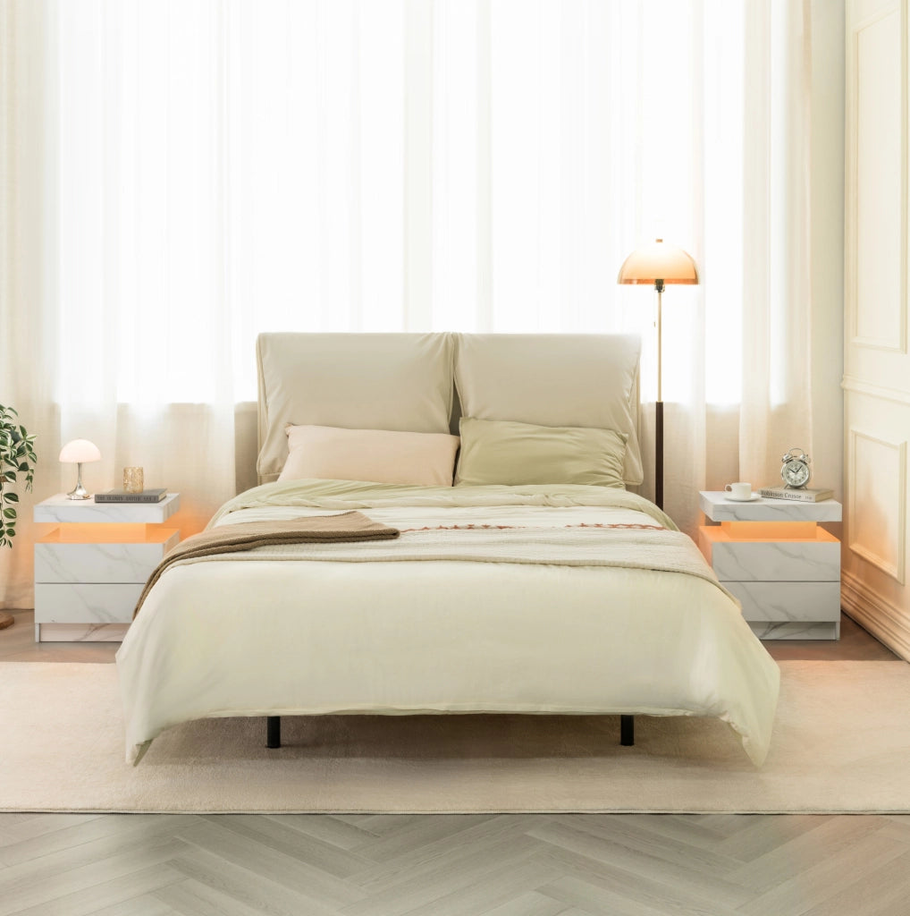 Comodino LED bianco opaco con 2 cassetti e vano aperto