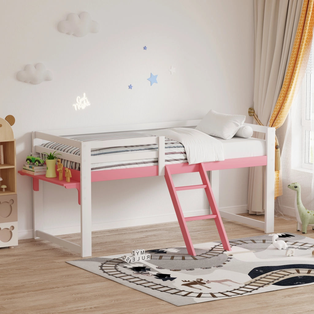 Letto a soppalco per bambini 90×200 cm con barriera, scala fissa e tavolino, senza materasso, bianco e rosa