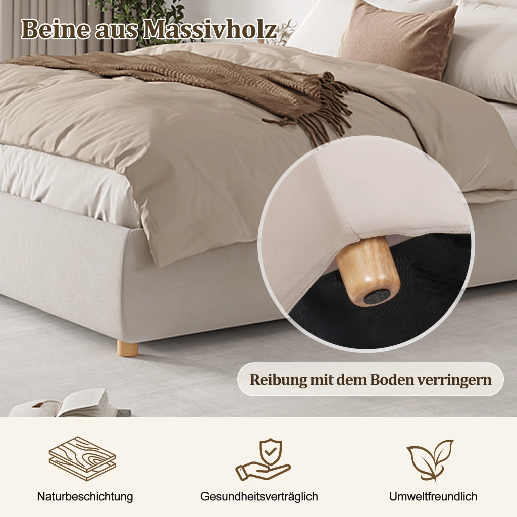 Letto contenitore 180 × 200 cm con sollevamento idraulico rete a doghe testiera imbottita velluto crema legno