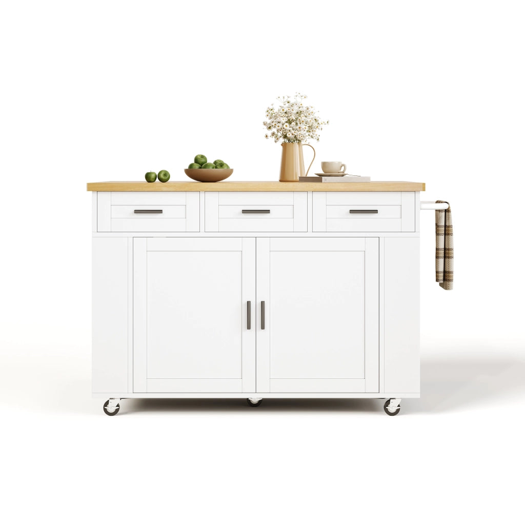 Carrello da cucina con piano pieghevole, 3 cassetti, prese e ruote, in MDF bianco e naturale, 120 × 45(70) × 84 cm