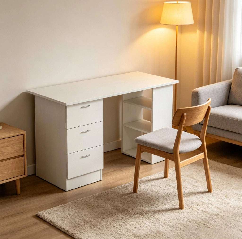 Scrivania per computer in MDF bianca con 3 cassetti e 3 ripiani