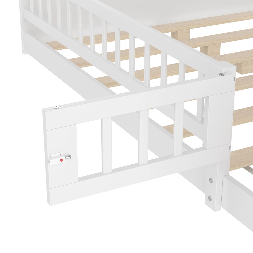 Letto per bambini 140 × 200 cm con ripiani e vani aperti in pino e MDF bianco con barriera apribile senza materasso