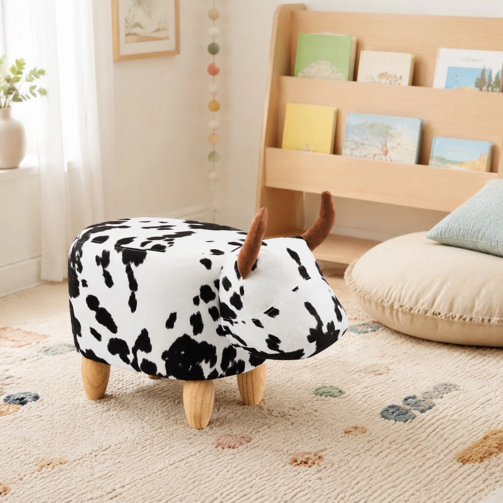 Sgabello a Forma di Mucca in Legno e Schiuma 62x35x36 cm; Imbottito Antiscivolo; Nero e Bianco; per Casa e Cameretta