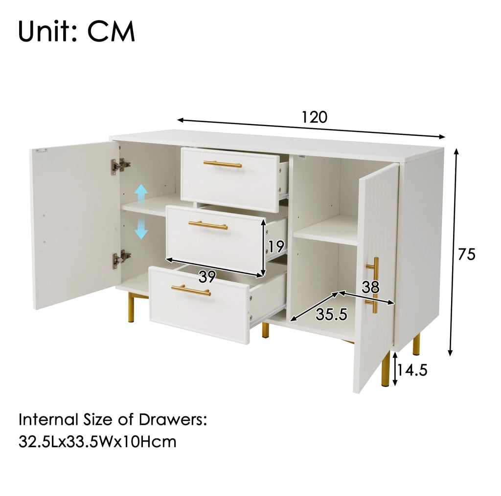 Credenza bianca 120 cm con 2 ante, 3 cassetti e ripiani regolabili