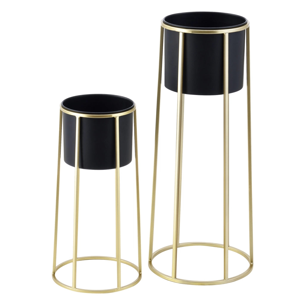 Set di 2 Portavasi in Metallo di Forma Rotonda Supporto in Color Oro per Piante in 2 Altezze Diverse con Coprivaso Nero