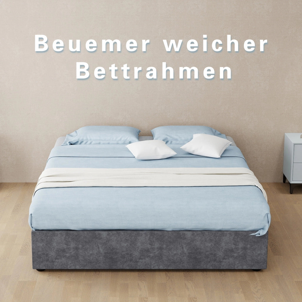 Letto contenitore imbottito con pistoni pneumatici, velluto olandese, grigio, 140x200 cm, senza materasso