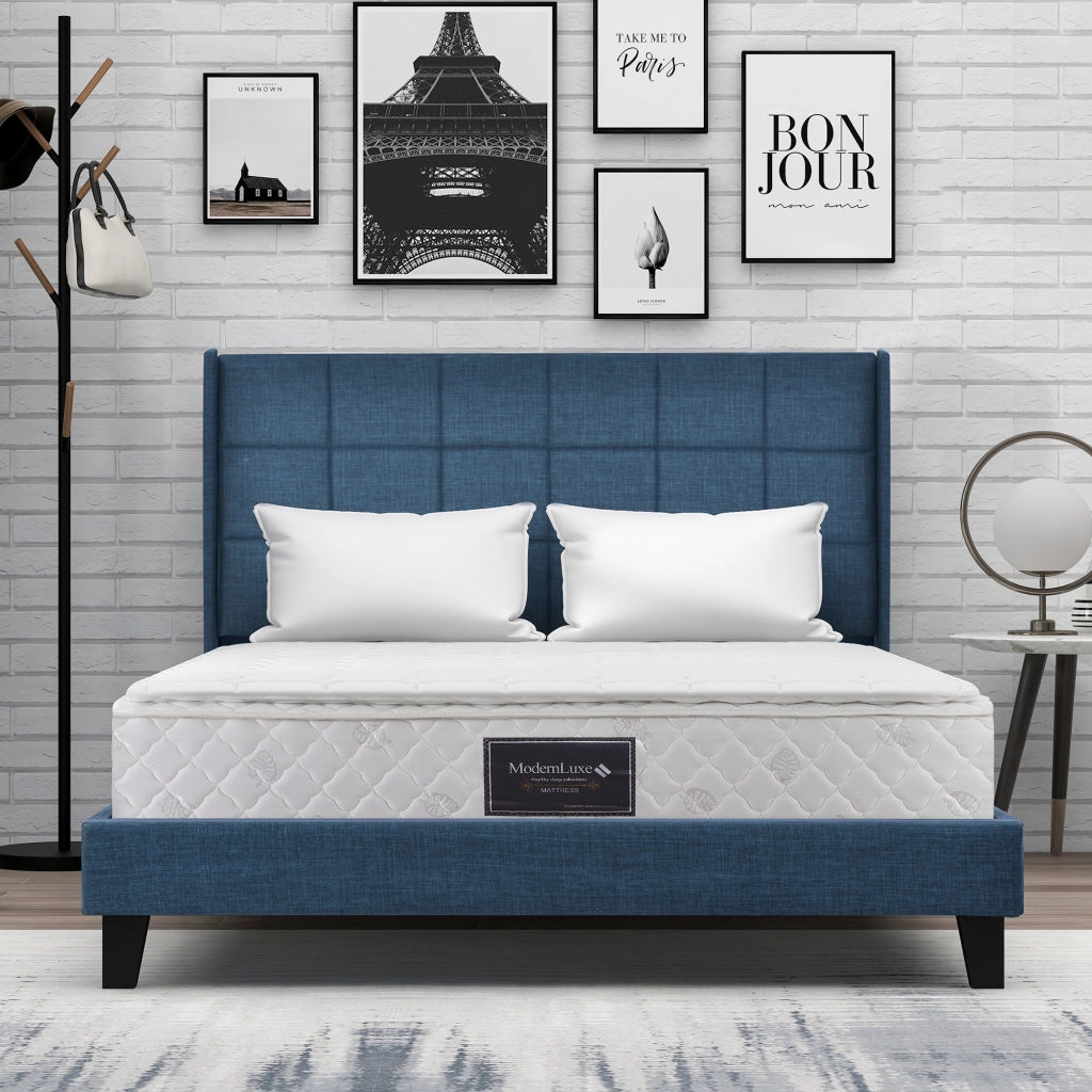 Letto imbottito in lino blu con doghe, 140x200 cm