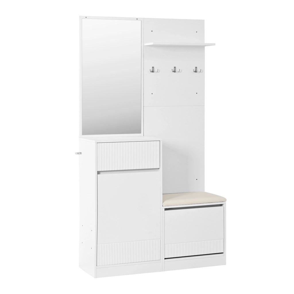 Mobile da ingresso con scarpiera, panca, specchio, ganci e LED controllabile tramite app, bianco, 105 × 38 × 190 cm