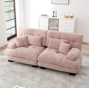 Divano modulare in ciniglia rosa con cuscini lombari e decorativi