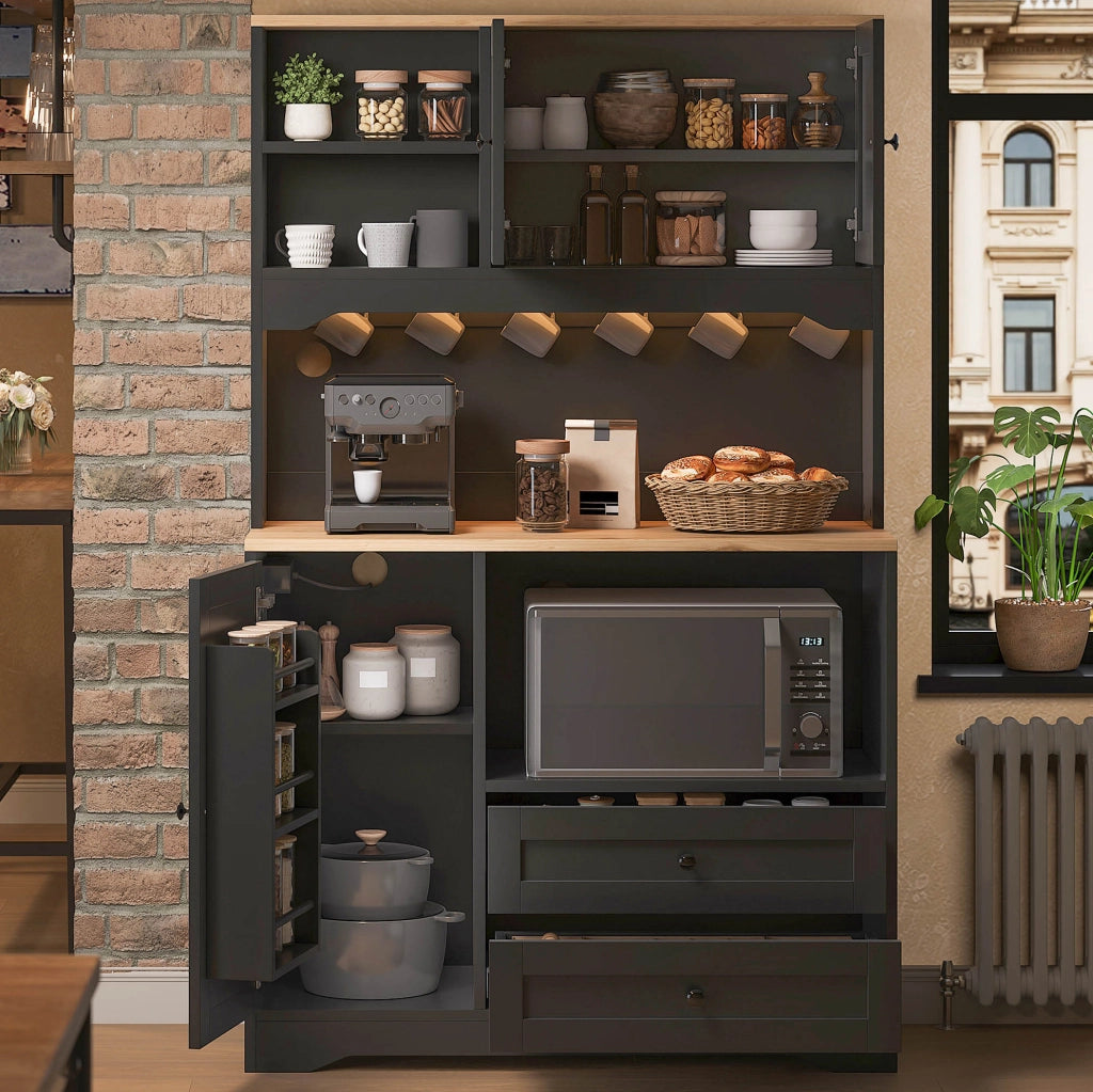 Mobile dispensa cucina 100x40x163 cm con vano microonde; LED e prese USB nero HOMVRA