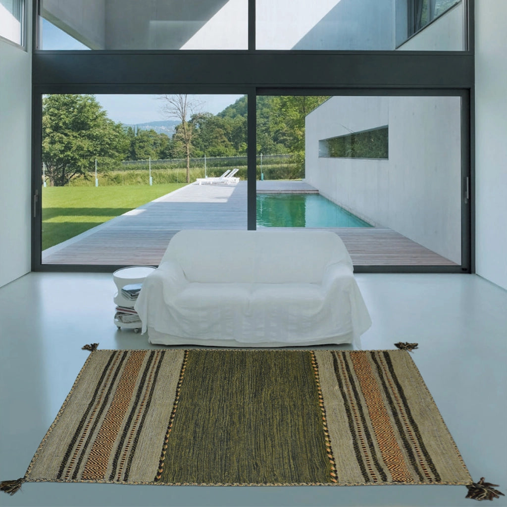 Tappeto ANTIQUE KILIM VERDE cm.140x200 tessuto a mano in cotone e ciniglia